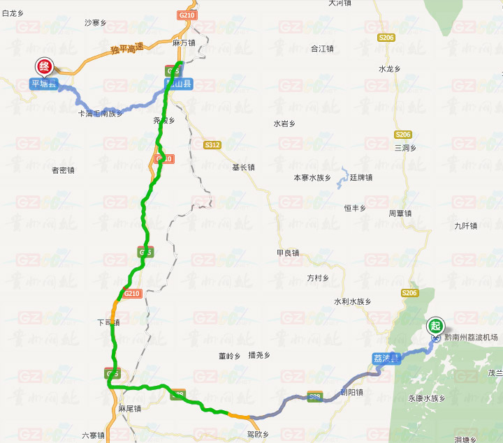 荔波機場到平塘縣的交通示意圖